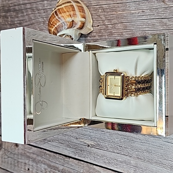NWT JESSICA SIMPSON MULTI-CHAIN BRAIDED BAND GOLD TONE RECTANGLE WATCH - Picture 10 of 14